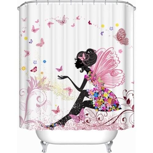 Spring Pink Floral Shower Curtains Flower Butterfly Girl Waterproof Polyester Fabric Bathroom Decoration Cloth Curtains Sets