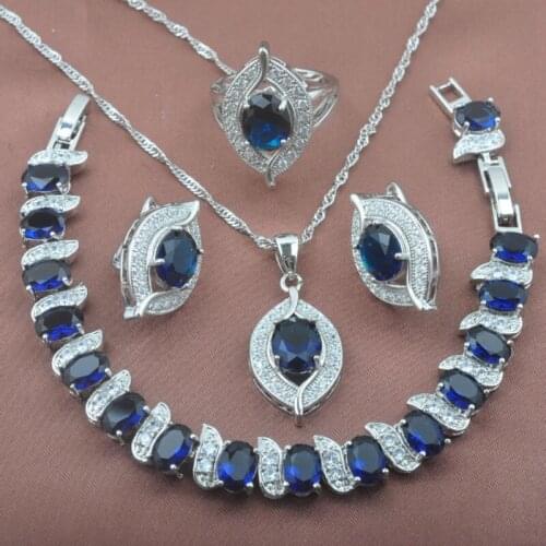 Eye Shape Blue Zirconia Silver Plated Jewelry Sets Womens Wedding Crystal Bracelet Necklace Pendant Earrings Ring YZ0232