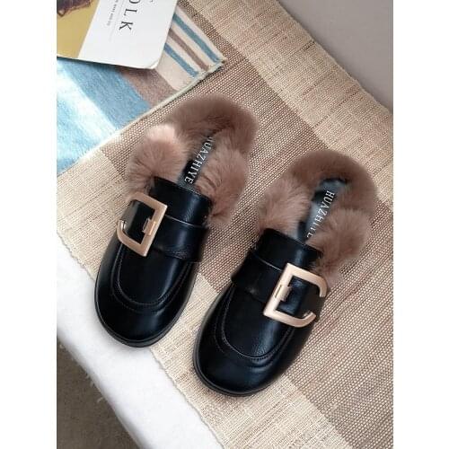 OLOMLB Women PU Leather Buckle Fur Lined Mules Shoes Winter No-slip Warm Slippers Faux Furry Girls Belt Buckle Flats Fluffy