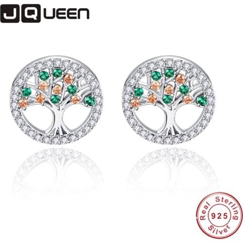 JQUEEN Fashion Woman 100% 925 Sterling Silver Earring Colorful Crystal Tree Of Life Ear Studs Wdeeing Party Best Gift Jewelry