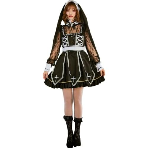 Halloween Adult Cosplay Priesthood Prayer Nun Costume Gothic Girl Hollow Lace Dress Halloween Costumes for Women