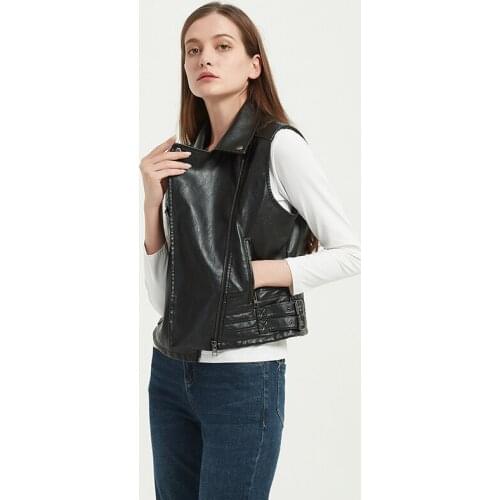 2022 Women Motorcycle PU Faux Leather Sleeveless Jackets Ladies Turn-down Collar Belt Zipper Vest Pockets Waistcoat Streetwear