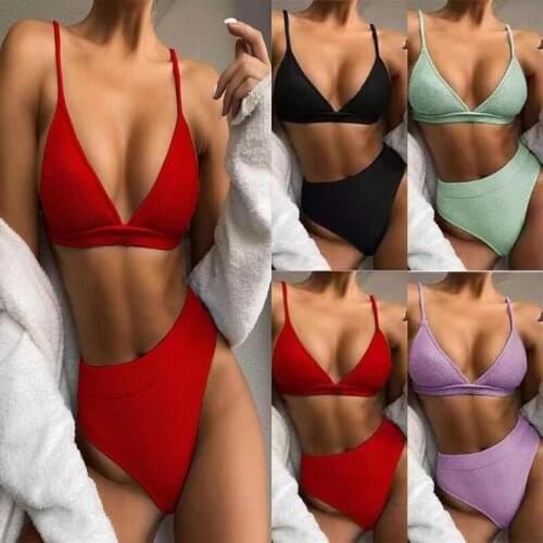 Womens Sexy 2pcs Bikini Set Ribbed Striped Solid Color Triangle Brazilian Swimsuit High Waist Push Up Bathing Suit