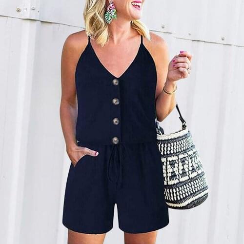Women Rompers Summer Casual Loose Sleeveless Jumpsuit Button Pocket Suspenders Short Pants Wide Playsuits Overalls salopettes