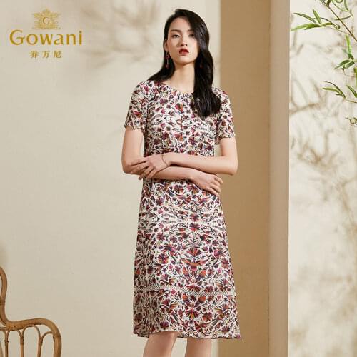 Gowani 100% silk tropical floral-printed crew neck short sleeve knee length shift dress chic elegant