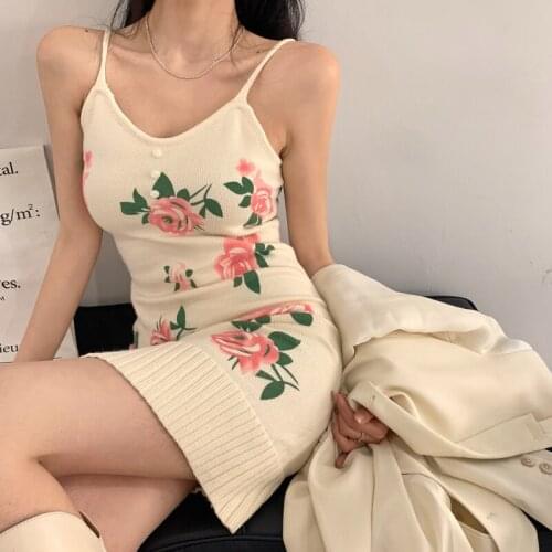 Spring Summer Woman Mini Korean Fashion Chic Floral Knitting Slim Off Shoulder Straps Dress YOU58