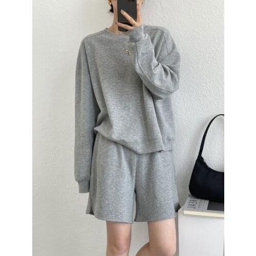 2021 Women Summer Two Pieces Sets Long Sleeve Women O-Neck Hoodie Tops Coat With Shorts New Fashion Womens Casual Suits