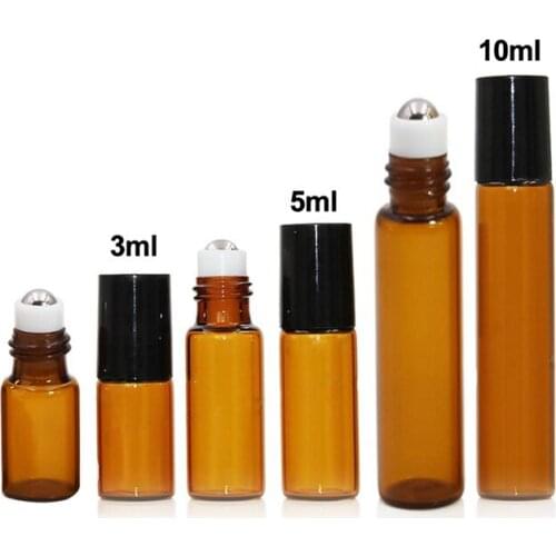 5/10Pcs 3ml/5ml/10ml Roller Ball Bottle Refillable Glass Bottle Steel Roller Ball Perfume Essential Oil Brown Mini Roller Bottle