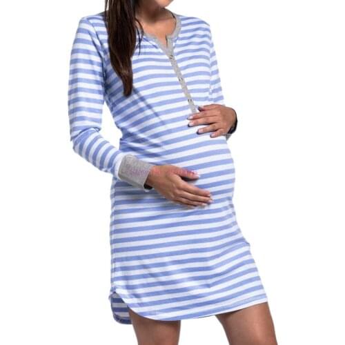 DHL 50pcs Womens Long Sleeve Button Nursing Nightie Stripes Maternity Breastfeeding Dress