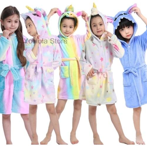 Girls Hooded Bathrobe Kigurumi Rainbow Unicorn Anime Cartoon Towel Beach Childrens Sleepwear Baby Kids Bath Robes Pyjamas Baby