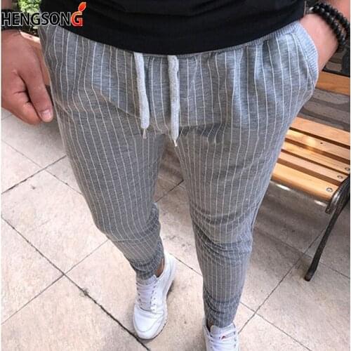 Men Vertical Stripe Pant Elastic Waist Pocket OL Style Work Trouser 2020 Spring Autumn String Waist Long Pencil Pant Plus Size