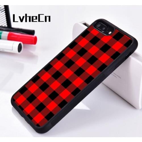 LvheCn 5 5S SE 6 6S Silicone phone case cover for iPhone 7 8 plus X Xs 11 Pro Max XR Red Black Lumberjack Buffalo Plaid Fabric