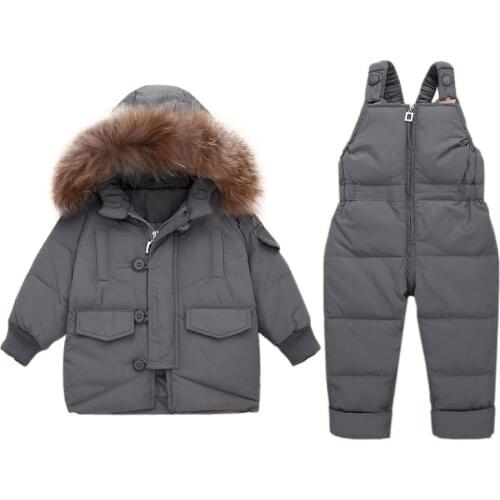 Children Clothing Set Boys Fur Collar Down Jacket With Jumpsuit 2piece Girls Winter Outfit Suit For Kids Baby Coats Outerwear