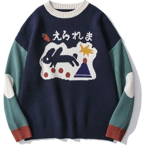 Men Hip Hop Streetwear Harajuku Sweater Vintage Retro Japanese Style Cartoon Bunny Jacquard Knitted Sweater 2021 Autumn Pullover