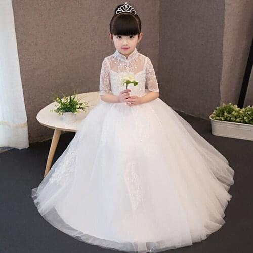 Elegant White Tulle Long Style Girls Pageant Dress First Communion Dress For Children Graduation Flower Girls Gowns for Weddings