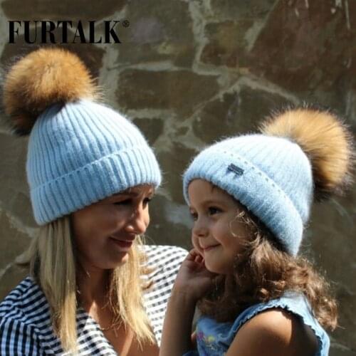 FURTALK Winter Hat for Women Kids Angora Rabbit Fur Beanie Hat Wool Fur Pom Pom Hat Female Warm Knit Winter Skullies Beanies