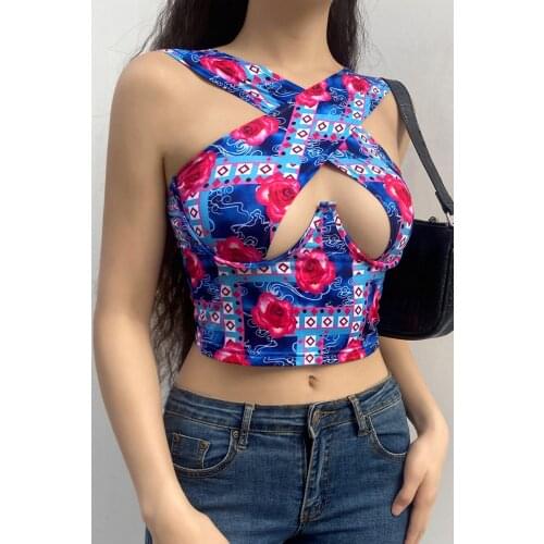 Cross Halter Vest Tanks Hot Fashion Women’s Sexy Hollow Top Fashion Printing Backless Exposed Navel Halter Camisole for Summer