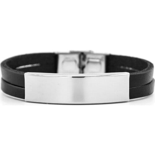 Personalized print blank curved tube double line bracelet men Genuine Leather black color bracelets Stainless steel bangle