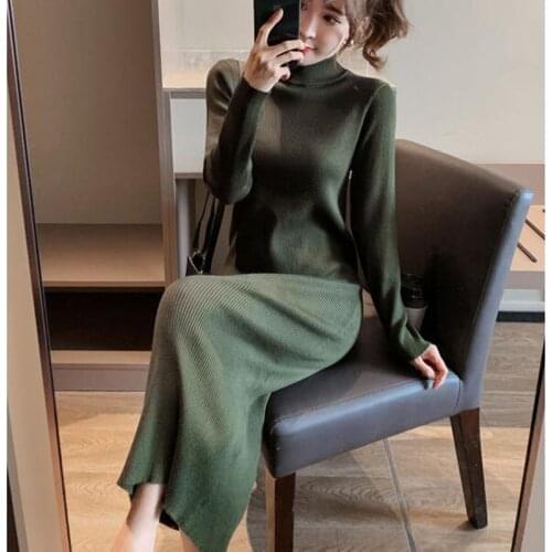 2021 New Fashion Slim Work Wear Office Dress Women Sexy Party Dress Knit Style Long Sleeve Turtleneck Winter Dress