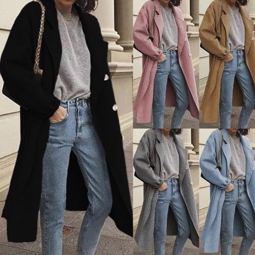 Autumn Winter Coat Women Wool Coat Solid Color Double-breasted Lapel Long Coat Women Mid-length Jacket Coat Ladies Overcoat
