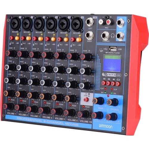 Ammoon AG-8 Portable 8-Channel Mixing Console Digital Audio Mixer +48V Phantom Power Set