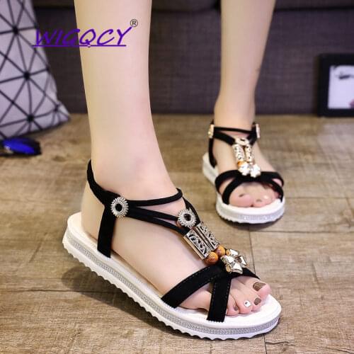 Metal Decoration flat sandals women 2019 summer shoes women Bohemian Rhinestone Non-slip Student String Bead Casual ladies shoes