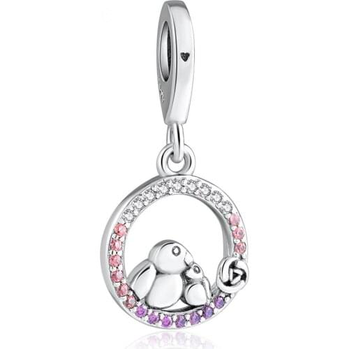 S925 Pendant Bead DIY Jewelry Mother & Baby Bird Dangle Charm fit Lady Bracelet Bangle