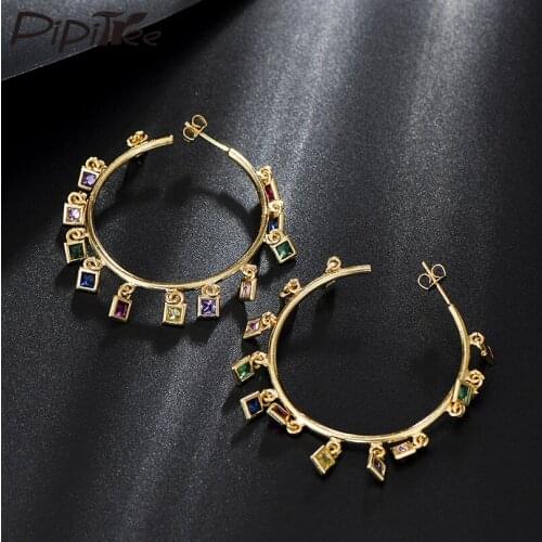 Pipitree Square Cut Charm Cubic Zirconia Earrings Big Round Hoop Statement Earrings for Women Party Wedding Fashion Jewelry