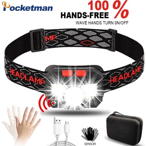 Super Bright LED Headlight Powerful Sensor Headlamp USB Rechargeable Head Light Portable Head Torch for Camping Hiking