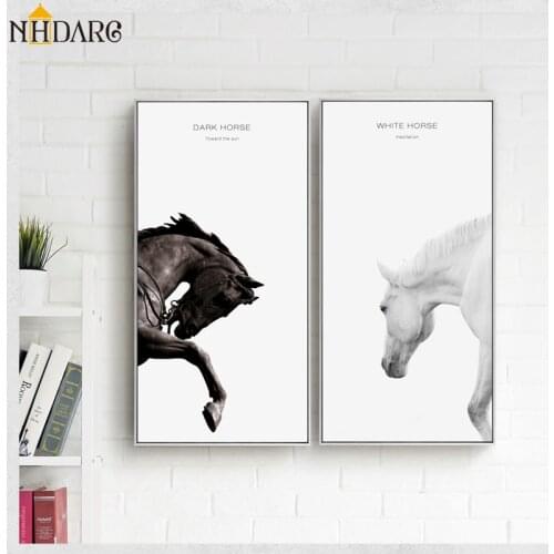 Animal Dark Horse White Horse Vertical Rectangle Canvas Print Painting Poster Art Wall Pictures for Living Room Home Decor