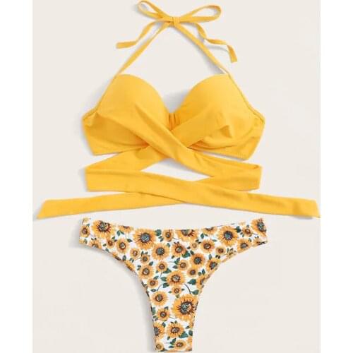 Yellow Halter TOP High Waist Bikini 2020 Women Bandage Swimwear Push UP Swimsuit Set Floral Briefs Swimming