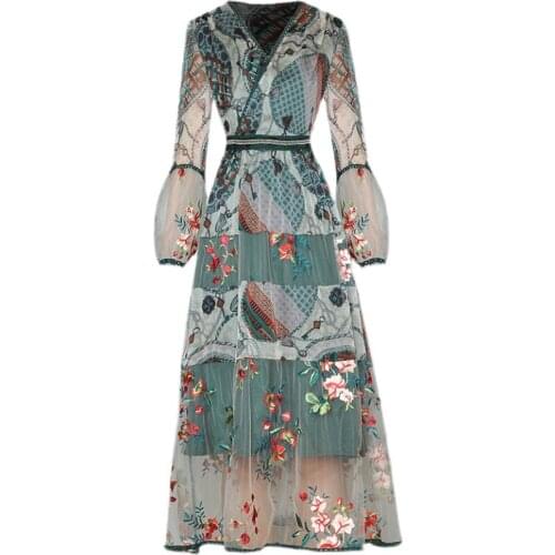 High Quality Newest Nice Designer Runway V-Neck Lantern Long-Sleeved Vintage Print Embroidered Flower Large-Length Mid-Length Dr