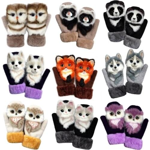 Women Men Winter Knit Gloves Cute 3D Fluffy Cartoon Animal Decor Thickened Plush Lining Windproof Thermal Warm Mittens