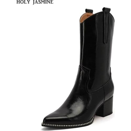 2021 Autumn New Classic Retro Fashion Western Cowboy Boots for Women Leather Cowgirl Boots High Heels Shoes Mid Calf Woman Boots