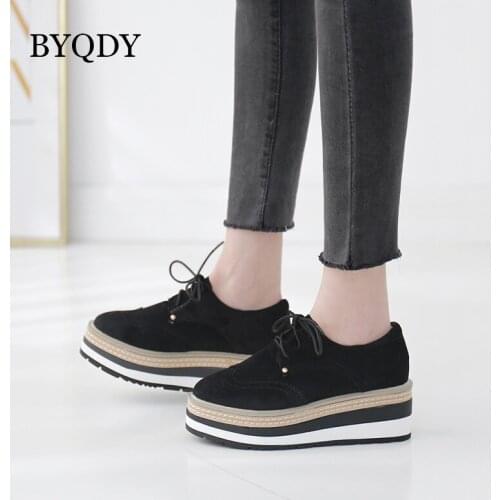 BYQDY Thick Bottom Flat Platform Woman Shoes Round Toe Spring Autumn Causal Shoes Flats Brogue Shoes Lacing up Female Shoes