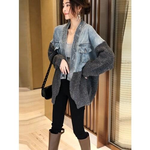 New 2021 Oversized Patchwork Fall Winter Denim Sweater Coat Womens Streetwear Knitted Cardigan Jacket