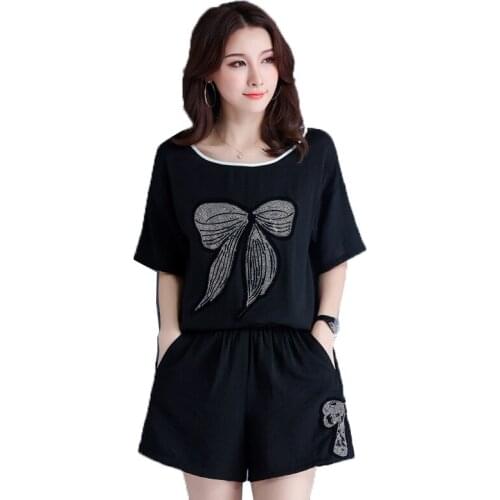 2 Pcs Sets Summer Sets 5XLPlus Size Women Ladies Suit Short Sleeve Backless T-shirt Tops & Wide Leg Shorts Sets Black K283 2020