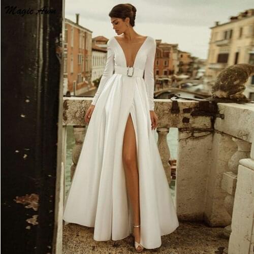 Magic Awn Elegant Long Sleeves Wedding Dresses Satin V-Neck Backless Vintage Bridal Gowns Side Split Simple Robe De Mariage