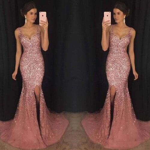 U-SWEAR New Pattern Sexy Deep V Neck Full Dress Pink Sequins Mesh Long Dresses Evening Gowons Women Vestidos