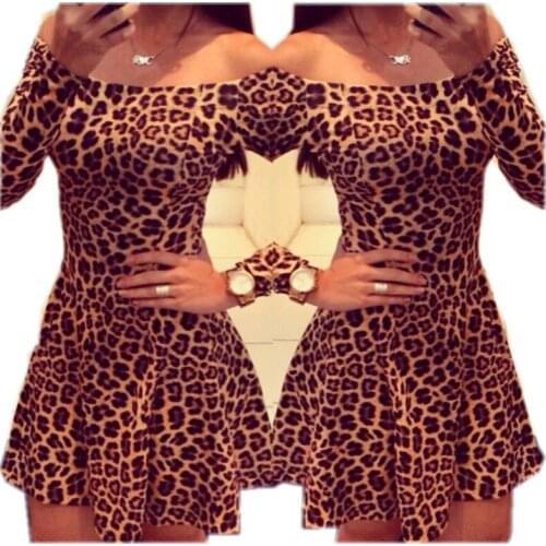 Sexy Off Shoulder Leopard Dresses Women Spring Autumn Pleated Dress Female Long Sleeve Casual Waisted Dress Clubwear Vestido