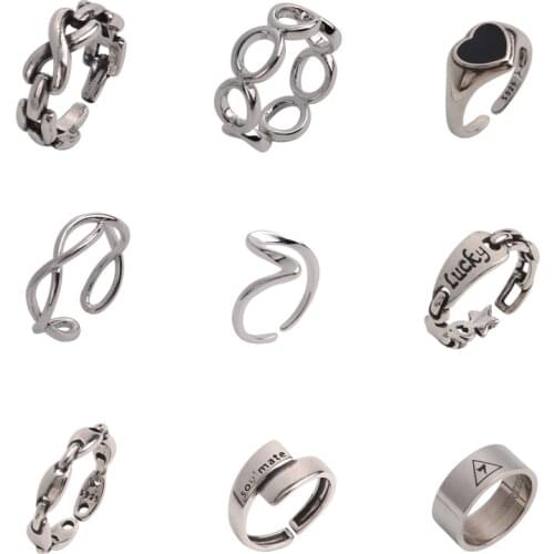 Silver stainless steel ring women adjustable open ring punk hip hop heart stainless steel ring women rings 925 silver plated