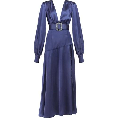 Flare Sleeve Deep V Neck Long Sleeves 2021 New Design Fashion Spring Fall Evening Dresses Belt Beading Formal Gown Women Elegant