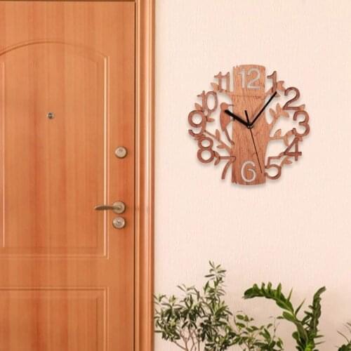 23cm 3D Tree Shaped Bird Wall Clock Hanging Vintage Decorative Watch Round Wooden for Home Office Kitchen Bedroom Gift