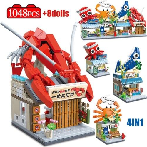 City Street View 4 in 1 Shrimp Shop Architecture Building Blocks Friends Japanese Seafood Store Figures Bricks Toys For Children