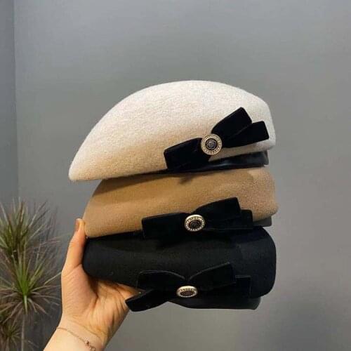 New Autumn Winter 100% Wool Berets Grace Velvet Bowknot PU Brim Lady Pumpkin Beret Hats For Women Leisure Painter Hat Black Cap