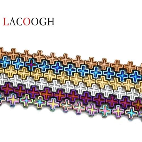 New 62pcs/lot Natural Hematite Loose Spacer Bead 6mm Gold Silver Color Cross Beads Charms for Bracelets Necklace Jewelry Finding