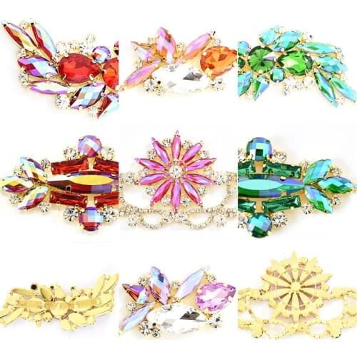 1pcs Colorful Crystal AB Glass Rhinestone Applique With Gold Base Flower Applique Sew On Rhinestone For Wedding Dress B3770