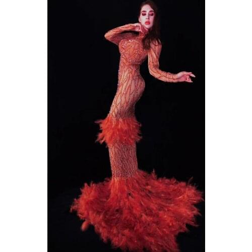 Birthday Celebrate Women Dress Red Rhinestones Feather Dress Festival Clothing Prom Evening Stage Singer Dancer Long Train Dress