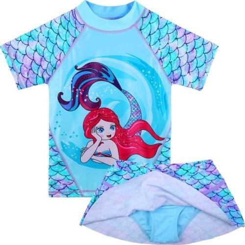 BAOHULU Girls Two Pieces Flowers Fishscale Print Set Short Sleeve Swimsuit Kids UPF 50+ UV Protection Swimwear