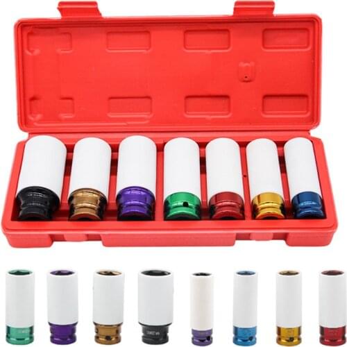 1/2"Sleeve Wall Deep Impact Nut Socket Alloy 15-27mm Wall Wheel Deep Impact Nut Socket Set Car Garage Maintain Repair Tool